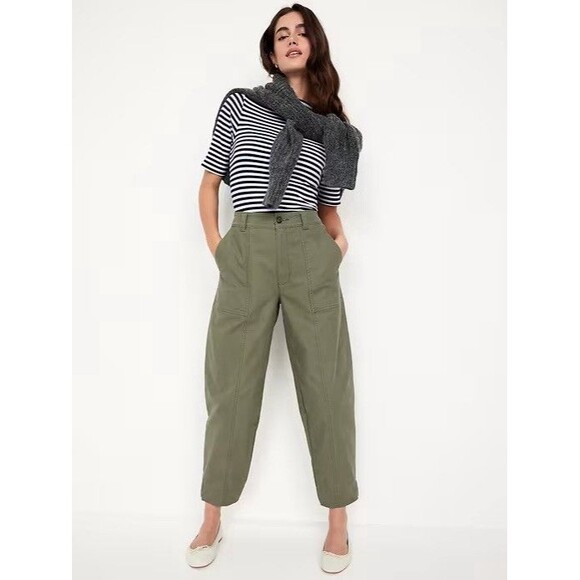 Old Navy High Waisted Barrel Leg Ankle Pants Canvas Size 4 Petite Stone Wall - Picture 1 of 13
